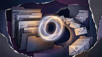 Ilustración conceptual de un anillo de luz en forma de letra O rodeado de carpetas digitales y sobres de correo electrónico.