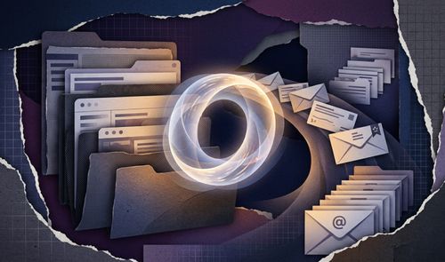 Ilustración conceptual de un anillo de luz en forma de letra O rodeado de carpetas digitales y sobres de correo electrónico.