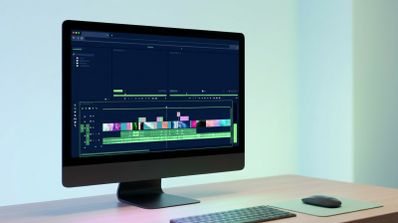 Interfaz del editor de vídeo OpenCut ejecutándose en el navegador de un ordenador de sobremesa con una línea de tiempo y pistas de audio.