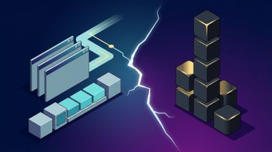 Ilustración conceptual que divide en dos bloques elementos de interfaz de usuario de Windows y estructuras cúbicas oscuras que representan a NeXT.