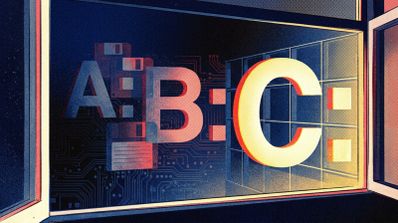 Ilustración de las letras A, B y C con dos puntos sobre un fondo de circuitos y disquetes, vista a través de una ventana abierta.