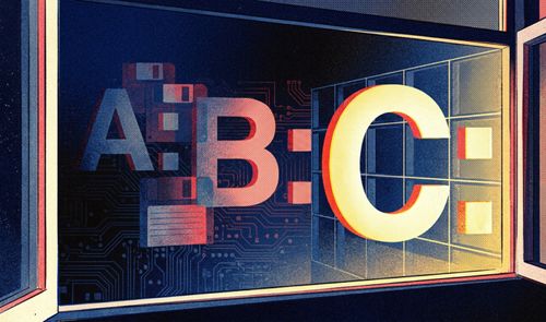 Ilustración de las letras A, B y C con dos puntos sobre un fondo de circuitos y disquetes, vista a través de una ventana abierta.
