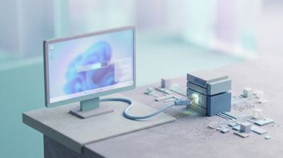 Ilustración conceptual de un ordenador conectado a un servidor mediante un cable, mostrando una barra de progreso en la pantalla con el fondo de escritorio de Windows 11.