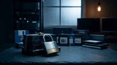 Un candado metálico cierra una pila de discos duros junto a soportes de almacenamiento con etiquetas 7z y ZPAQ en un entorno informático oscuro.