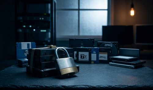 Un candado metálico cierra una pila de discos duros junto a soportes de almacenamiento con etiquetas 7z y ZPAQ en un entorno informático oscuro.