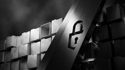 Representación conceptual de un candado metálico bloqueando el acceso a una estructura de cubos organizados en blanco y negro.