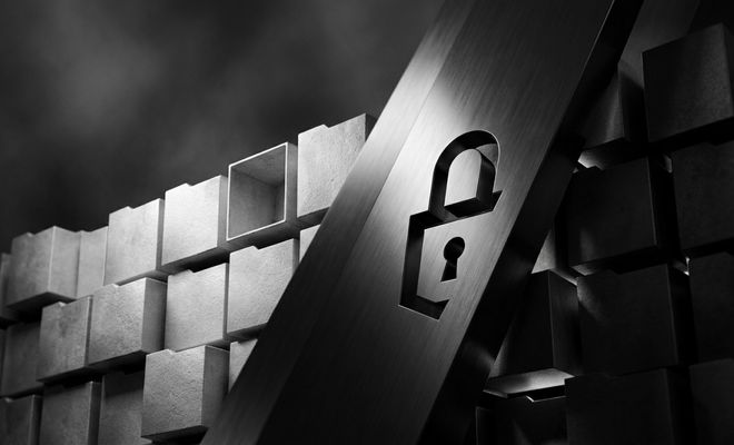 Representación conceptual de un candado metálico bloqueando el acceso a una estructura de cubos organizados en blanco y negro.