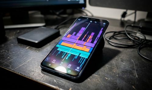 Interfaz de Adobe Premiere para Android en la pantalla de un smartphone mostrando una línea de tiempo con varias pistas de vídeo y audio en colores.