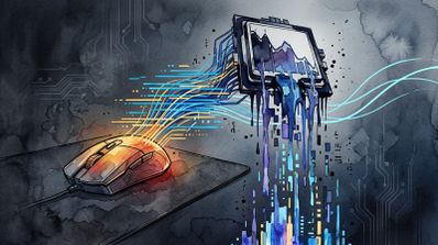 Ilustración conceptual de un ratón gaming conectado a un procesador que parece desbordarse con datos y colores líquidos.