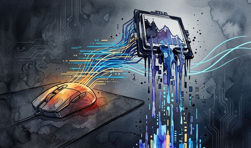Ilustración conceptual de un ratón gaming conectado a un procesador que parece desbordarse con datos y colores líquidos.