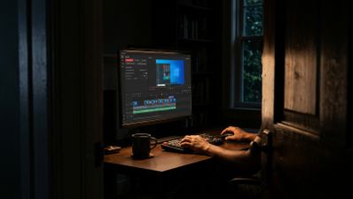 Persona editando una grabación de pantalla en la interfaz de Recordly sobre un escritorio en una habitación en penumbra.