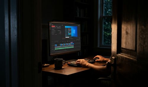 Persona editando una grabación de pantalla en la interfaz de Recordly sobre un escritorio en una habitación en penumbra.