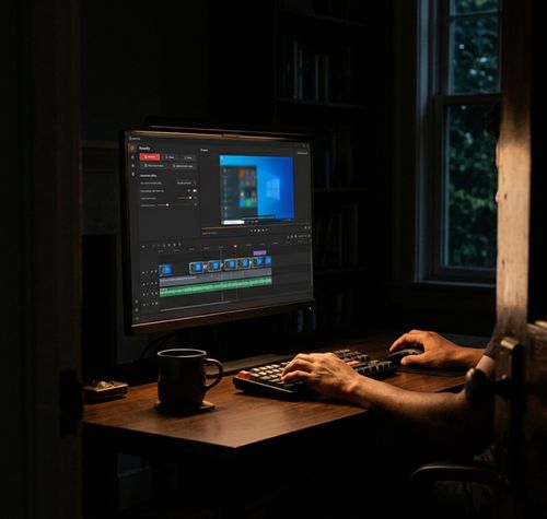 Persona editando una grabación de pantalla en la interfaz de Recordly sobre un escritorio en una habitación en penumbra.
