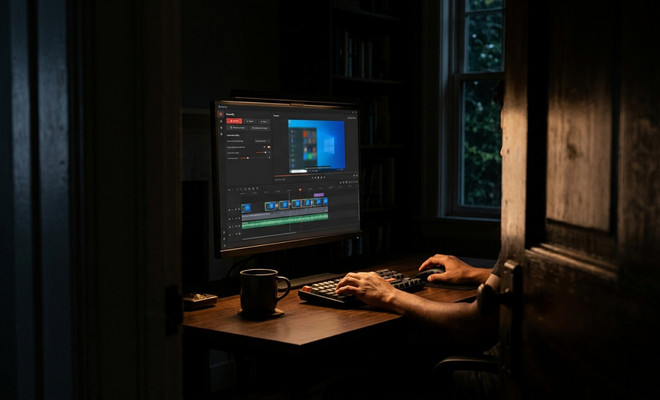 Persona editando una grabación de pantalla en la interfaz de Recordly sobre un escritorio en una habitación en penumbra.