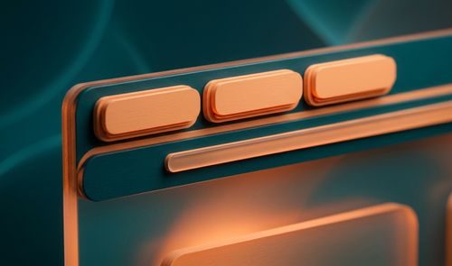 Representación artística en 3D de una interfaz de navegador con pestañas y barras de navegación en tonos naranja y verde azulado.