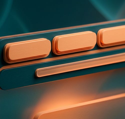 Representación artística en 3D de una interfaz de navegador con pestañas y barras de navegación en tonos naranja y verde azulado.