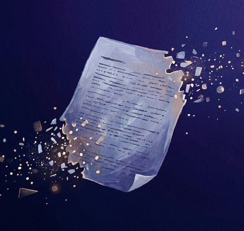 Ilustración de una hoja de papel deshaciéndose en pequeñas partículas sobre un fondo azul oscuro.