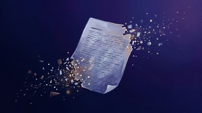 Ilustración de una hoja de papel deshaciéndose en pequeñas partículas sobre un fondo azul oscuro.