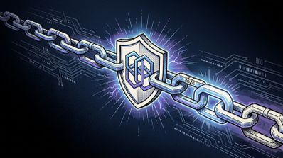 Ilustración conceptual de una cadena metálica protegida por un escudo central sobre un fondo de circuitos tecnológicos, con el año 2026 grabado en un eslabón.