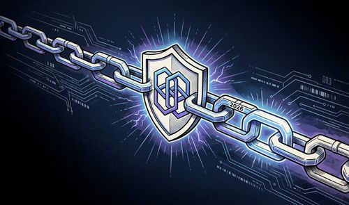 Ilustración conceptual de una cadena metálica protegida por un escudo central sobre un fondo de circuitos tecnológicos, con el año 2026 grabado en un eslabón.