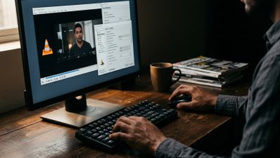Persona manejando un ordenador con el reproductor VLC Media Player abierto y el menú de ajustes de entrada y códecs desplegado en pantalla.