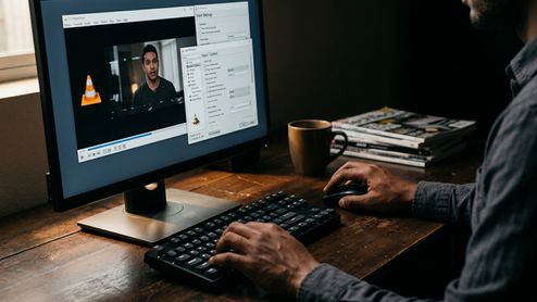 Persona manejando un ordenador con el reproductor VLC Media Player abierto y el menú de ajustes de entrada y códecs desplegado en pantalla.