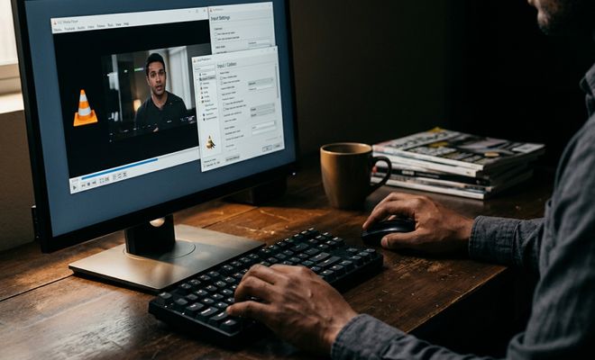 Persona manejando un ordenador con el reproductor VLC Media Player abierto y el menú de ajustes de entrada y códecs desplegado en pantalla.