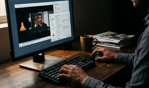 Persona manejando un ordenador con el reproductor VLC Media Player abierto y el menú de ajustes de entrada y códecs desplegado en pantalla.