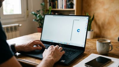 Manos de una persona escribiendo en un ordenador portátil Dell que muestra el navegador Edge con la barra lateral de Microsoft Copilot en proceso de carga.