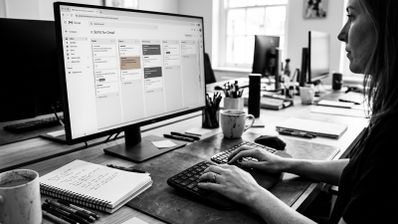 Persona trabajando frente a un monitor que muestra la interfaz de Sortd for Gmail con un tablero Kanban organizado por columnas.