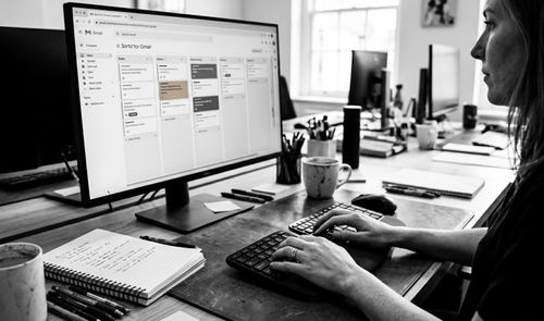 Persona trabajando frente a un monitor que muestra la interfaz de Sortd for Gmail con un tablero Kanban organizado por columnas.