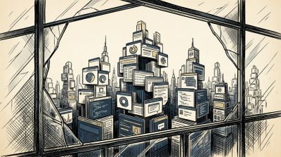 Ilustración de una ciudad formada por ventanas de software y aplicaciones web vista a través de un ventanal roto.