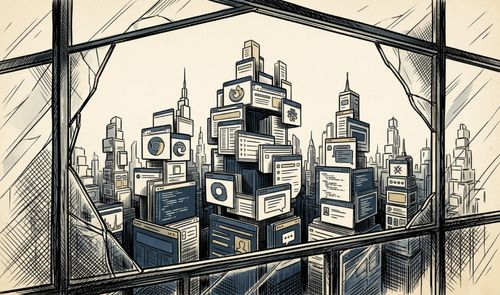 Ilustración de una ciudad formada por ventanas de software y aplicaciones web vista a través de un ventanal roto.