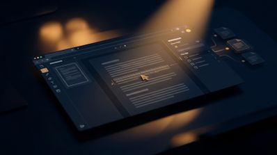 Representación gráfica de una interfaz de edición de documentos PDF sobre un escritorio con iluminación focalizada.