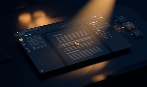 Representación gráfica de una interfaz de edición de documentos PDF sobre un escritorio con iluminación focalizada.