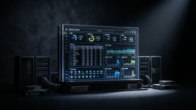 Panel digital de System Informer mostrando gráficas de rendimiento de CPU, memoria y red en una pantalla transparente rodeada de servidores.