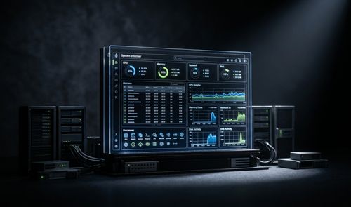 Panel digital de System Informer mostrando gráficas de rendimiento de CPU, memoria y red en una pantalla transparente rodeada de servidores.