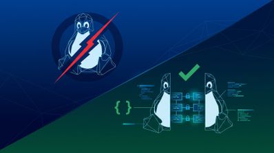 Ilustración conceptual del pingüino de Linux dividido en dos escenas: una con un rayo rojo que simboliza un error y otra con un código reparado y una marca de verificación verde.