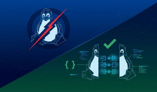 Ilustración conceptual del pingüino de Linux dividido en dos escenas: una con un rayo rojo que simboliza un error y otra con un código reparado y una marca de verificación verde.