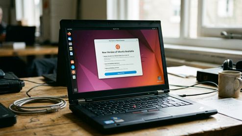 Interfaz de Ubuntu en un ordenador portátil mostrando un aviso de actualización a una nueva versión LTS disponible.