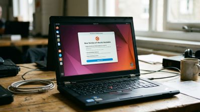 Interfaz de Ubuntu en un ordenador portátil mostrando un aviso de actualización a una nueva versión LTS disponible.