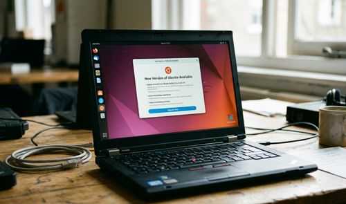 Interfaz de Ubuntu en un ordenador portátil mostrando un aviso de actualización a una nueva versión LTS disponible.