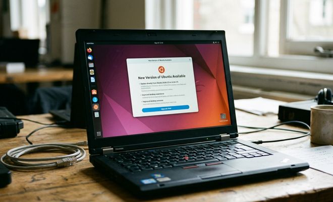 Interfaz de Ubuntu en un ordenador portátil mostrando un aviso de actualización a una nueva versión LTS disponible.
