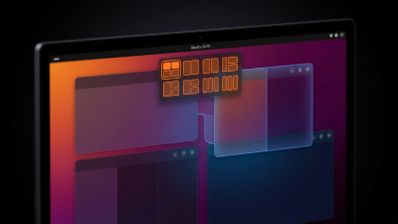 Interfaz de Ubuntu 26.10 mostrando el menú desplegable superior con diferentes opciones de cuadrícula para organizar ventanas.
