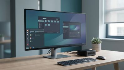 Monitor de ordenador en un escritorio mostrando una interfaz de usuario con ventanas de gestión de archivos y menús laterales sobre un fondo oscuro.