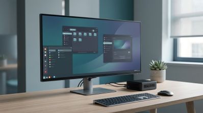 Monitor de ordenador en un escritorio mostrando una interfaz de usuario con ventanas de gestión de archivos y menús laterales sobre un fondo oscuro.