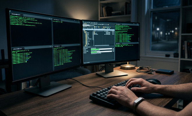 Manos de una persona escribiendo en un teclado ante dos monitores que muestran terminales de líneas de comandos con letras verdes e interfaces de gestión de archivos por SFTP.