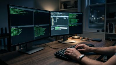 Manos de una persona escribiendo en un teclado ante dos monitores que muestran terminales de líneas de comandos con letras verdes e interfaces de gestión de archivos por SFTP.