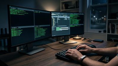 Manos de una persona escribiendo en un teclado ante dos monitores que muestran terminales de líneas de comandos con letras verdes e interfaces de gestión de archivos por SFTP.