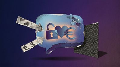Ilustración de estilo collage que representa un bocadillo de chat con un candado abierto, un corazón y el símbolo del euro, rodeado de flechas con datos financieros sobre un fondo violeta.